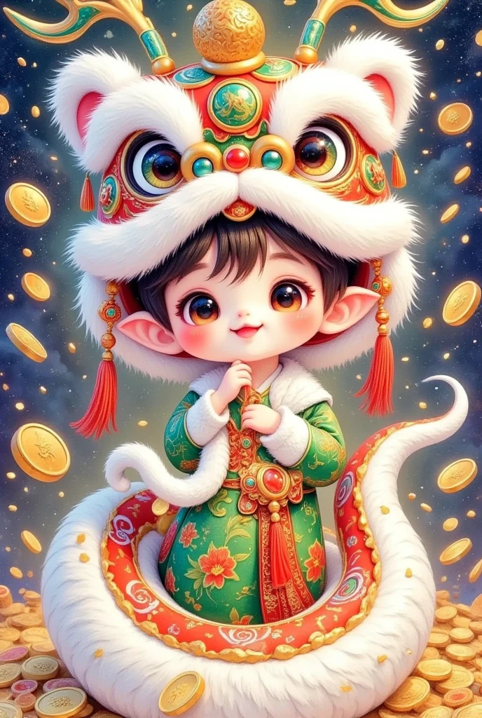 Closeup of a beautiful boy wearing a Chinese lion hat，A snake tail in the back， Rain of coins in the air。