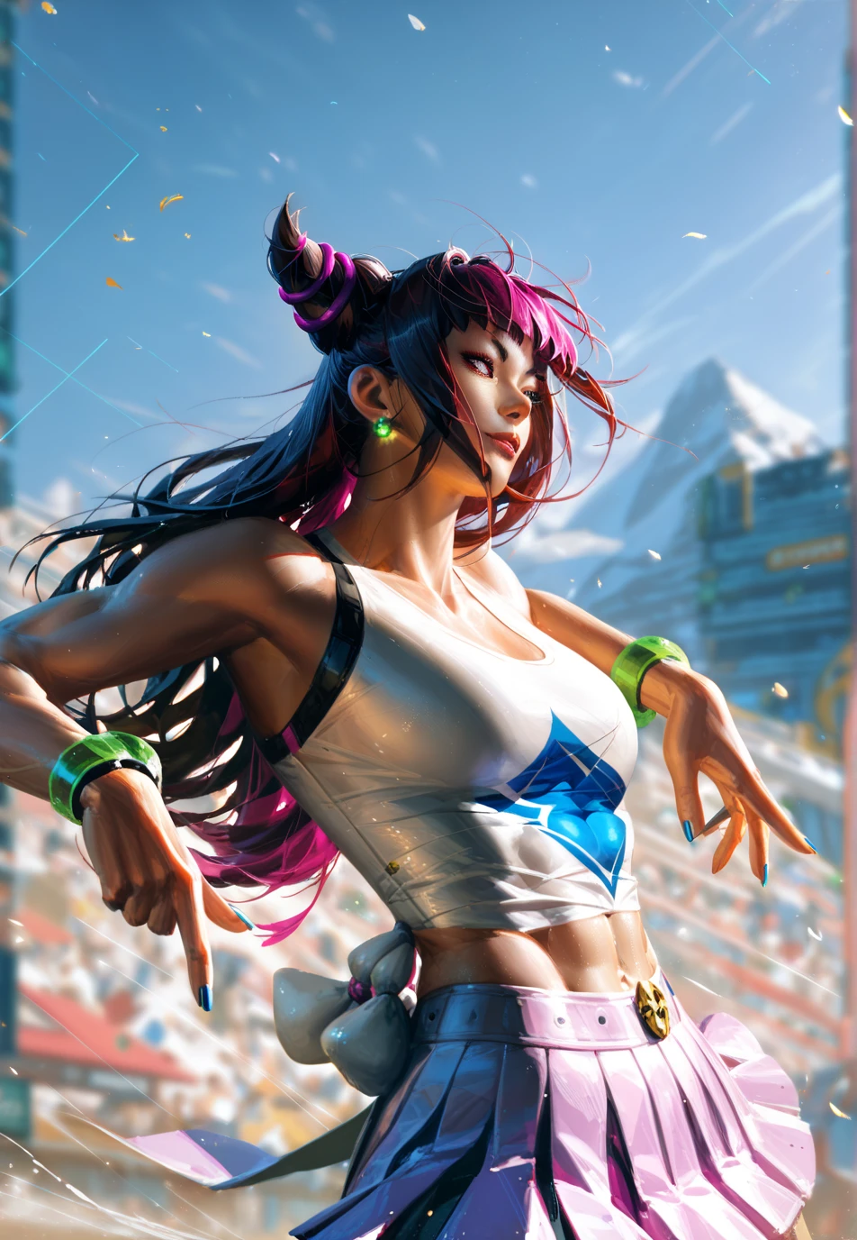  ,Fit to resolution,sce to size,full image,GUWEIZ ARTWORK ,
1. Cinematic Atmosphere: , Starfire as chunli as juri from street fighter ,coolest pose ,  ,skirt, , looking away