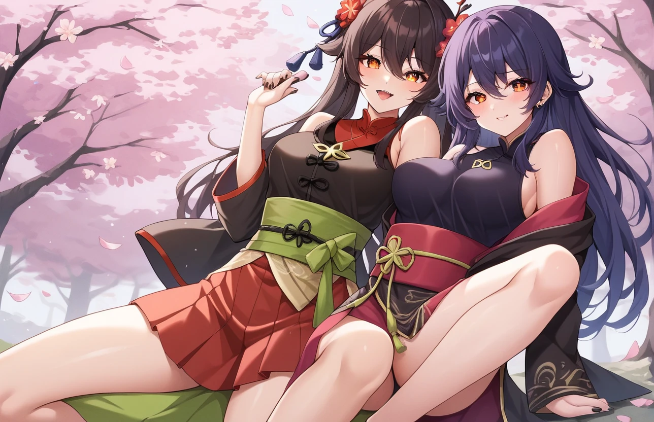 ((masterpiece,best quality)),2girls, black kimono, black legwear, black ribbon, black hair, cherry blossoms, day, flower, hair bun, hair ribbon, japanese clothes, kimono, long hair, looking away, multiple girls, obi, outdoors, red eyes, red hair, ribbon, sandals, single hair bun, sitting on the grass, statue, tree, white kimono, yellow eyes, st. louis \(luxurious wheels\) \(azur lane\), <lora:stLouisLuxuriousWheels_v1:0.5>