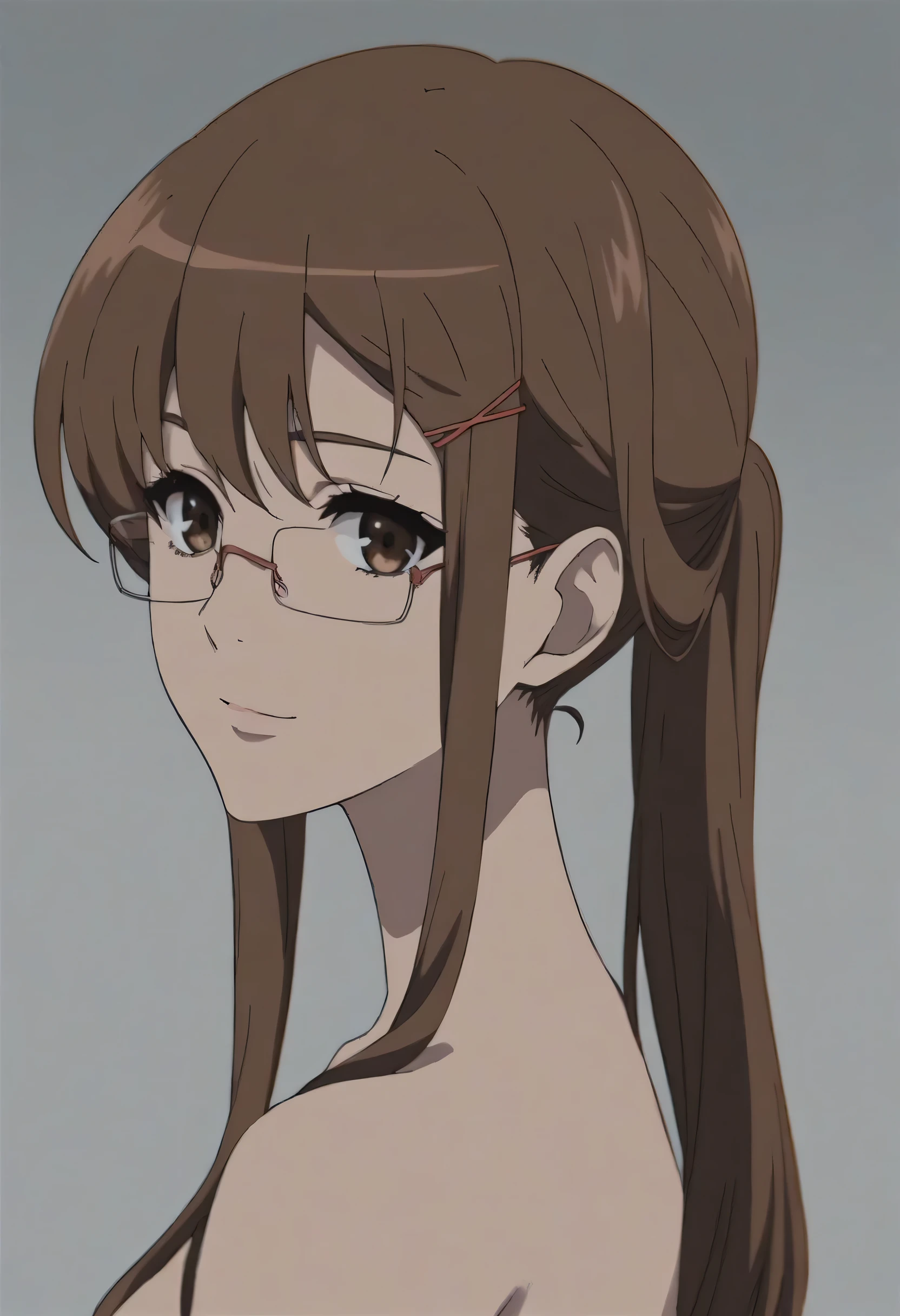 Reiko Mikami,  long hair, Brown Hair,  ponytail, Pink hair tie,  Pink Hairpins ,  side lock ,  brown eyes, Glasses, score_9, score_8_up, score_7_up, score_6_up, score_5_up,  source_Anime,  rating_safe, medium breasts, indoor,  1 girl, Alone, looking at viewer, (upper body:1.2),naked