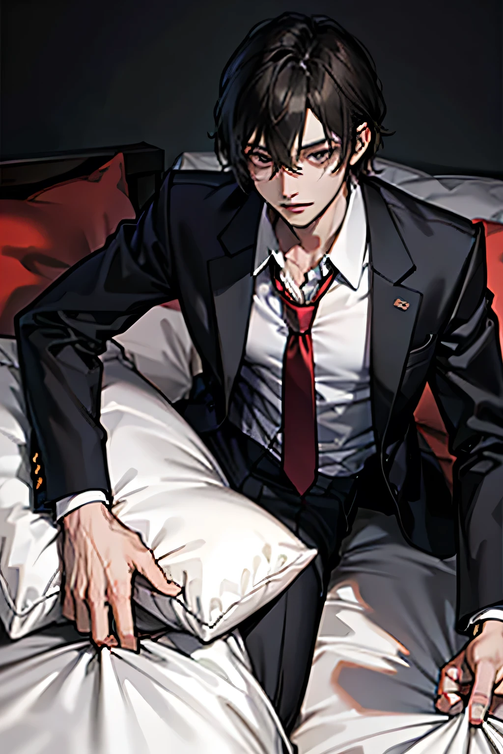 masutepiece, Best Quality, Boy in pajamas lying on bed, Alone, Hairstyle unkempt, impatience, finely eye and detailed face, Dark midnight background, Dimly lit bedroom, resting on a pillow, Head on pillow, From Side, look at viewer, Dynamic Angle , 1 boy, focus face , adult , Business suit , jacket , White shirt, Necktie, Underwear, measurements, reception , detailed face , office, Constructed from window , detailed background, nighttime,