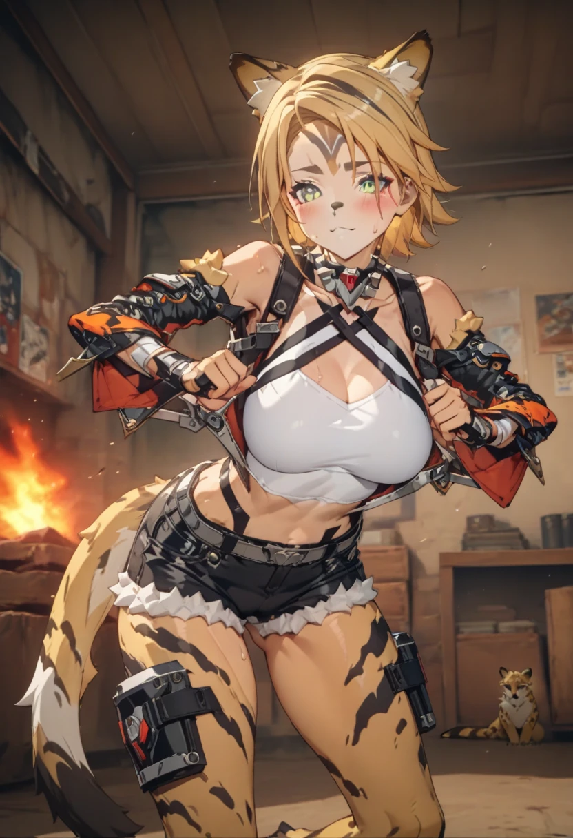 masterpiece,best quality,high resolution,8k,Ultra HD,wallpaper,illustration,perfect face,cowboy shot,beautiful detailed eyes,extremely detailed face,perfect lighting,extremely detailed CG,perfect anatomy,perfect body,perfect thick,perfect hands,perfect fingers,1woman,full body,,muscle fighter body,(blonde half up short hair),light green eyes,large breasts,medium ass,medium nipples,(white tube top),black short hot pants,clothed,,collarbone,,(),,Steam,sweat,in the room,(Zenless Zone Zero character Pulchra),(blonde cheetah furry female clothed:1.1), cheetah ears,single cheetahtail from coccyx,adult,,blush face,looking forward,cameltoe,