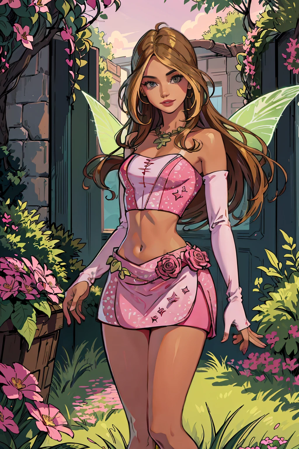 ((Full body photo, standing, feet on the floor)) (Flora), (dark skin, brown hair, blonde hair strips, green eyes), (FairyOutfit), (pink dress, two-piece dress, midriff, crop top, navel, bare shoulders, pink gloves, sparkling outfit, flower necklace, green fairy wings), ((pink shirt)), nature background, flowery background, vines, (realistic:1.2), (masterpiece:1.2), (full-body-shot:1),(Cowboy-shot:1.2), neon lighting, dark romantic lighting, (highly detailed:1.2),(detailed face:1.2), (gradients), colorful, detailed eyes, (natural lighting:1.2), (neutral standing pose:1.2), (solo, one person, 1girl:1.5),