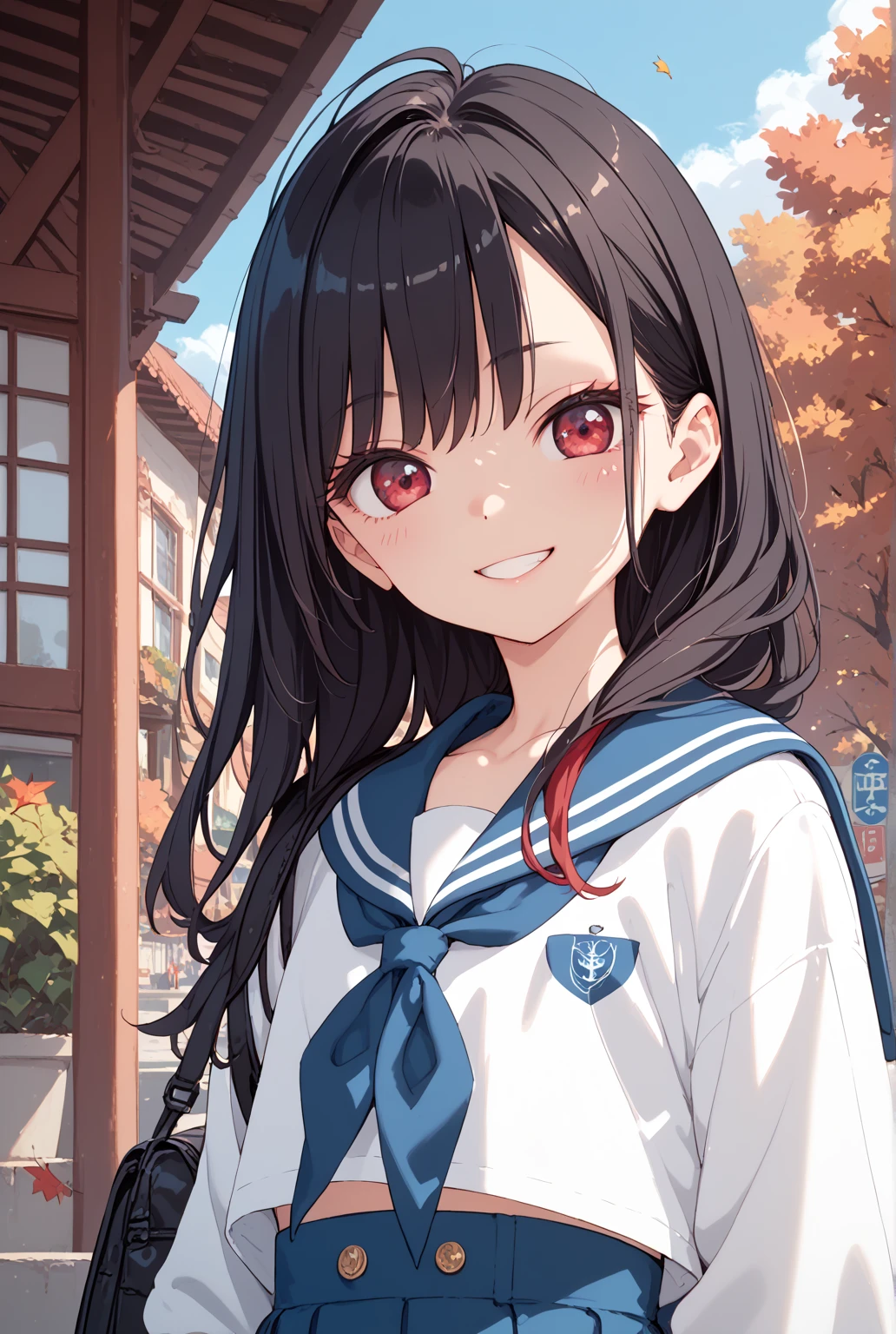  1 girl,  flat chested　Petite　 girl　 sailor suit　 long hair　 black hair　School route　autumn　smile　 red face