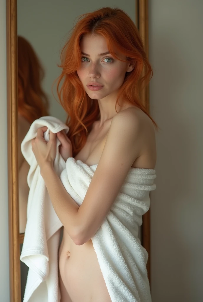 ((Emily Rudd)), beautiful short woman, orange hair, bright blue eyes, (symmetrical beautiful detailed eyes:1.2), small stature, (naked), full body, lying inside a wooden treasure chest, raw photo, highly detailed, ultra hd, 8k, ((pussy visible)), (photorealistic, hyperdetailed:1.2), seductive look, detailed nipples, skindentation, lustrous skin