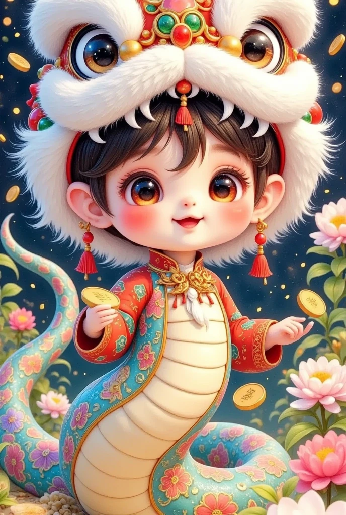 Closeup of a beautiful boy wearing a Chinese lion hat，A snake tail in the back， Rain of coins in the air。Flowers