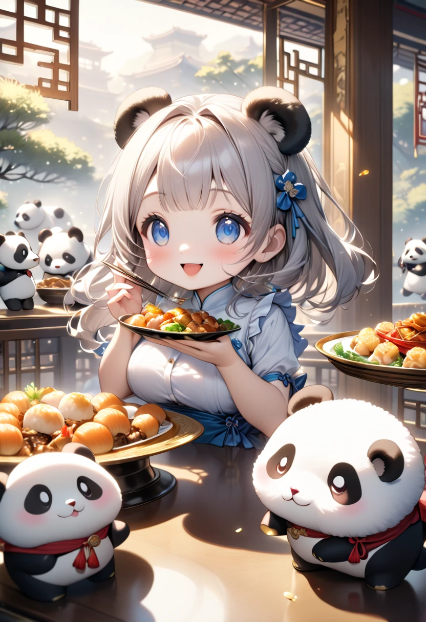 (masterpiece, ultra-detailed, best quality, clear focus, dramatic scene, cinematic), shadow, (ultra-high resolution, 8k), perfect anatomy, perfect face, (detailed face, detailed eye, chibi), cute Japanese chibi girl, famous Japanese chibi idol, very beautiful and cute and cool face, (wearing a stylish dress:1.2), (large breasts), (She is enjoying her dinner in the fine Chinese restaurant in the luxury hotel:1.3), Chinese antique furnishings, she is showing smile, she is sitting at the circle table with many gorgeous food plates on it, (The human-like giant panda is serving), (panda is standing like a human and holding a huge plate of gorgeous Chinese food), professional lighting, (detailed very cute fluffy huge giant panda:1.3), she looks so happy, happy smile, 