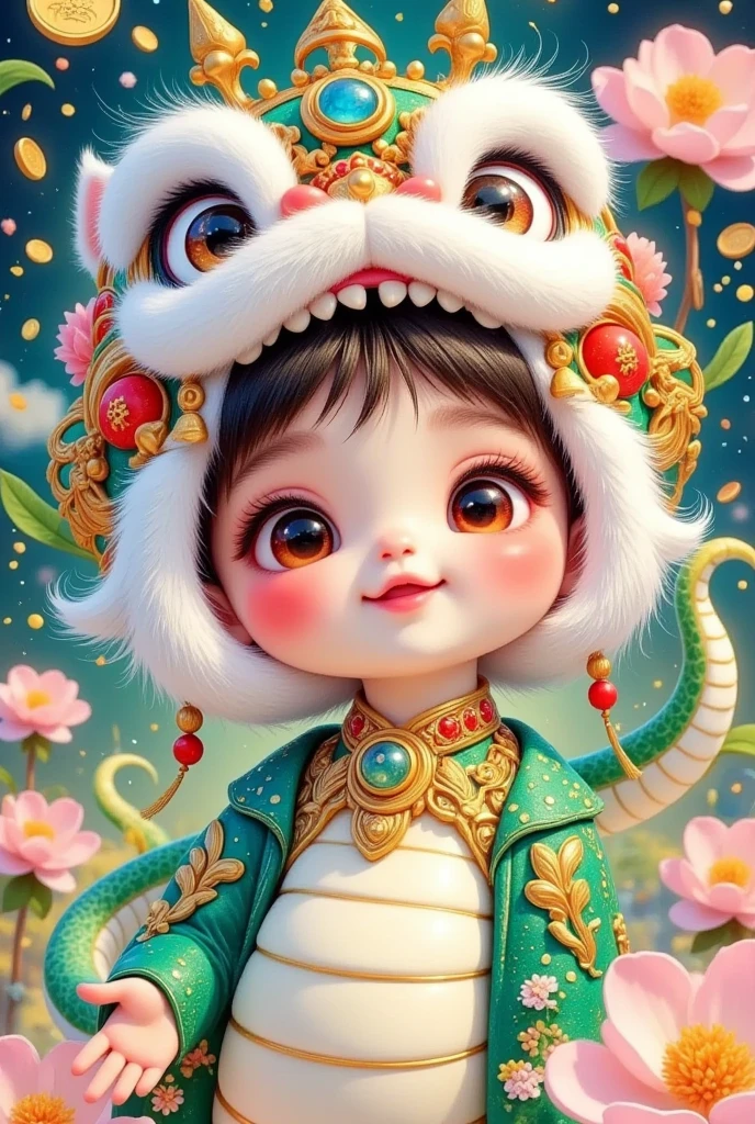 Closeup of a beautiful boy wearing a Chinese lion hat，A snake tail in the back， Rain of coins in the air。Flowers