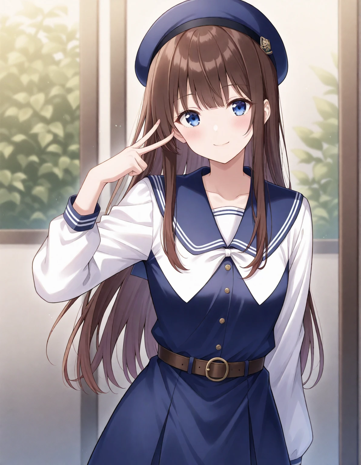  is written by, Gestures to introduce ,  1 girl,   Light Smile ,   looking at viewer,  cute round face,    long straight hair,  Detailed body, small tits, Wear a navy blue dress , Belt worn、 Long Sleeve ,  Daytime,  natural light, masterpiece,  top quality,  great quality,   very aesthetic , up to date,smile、Wear a beret 、背景は日Booksの山奥の田舎町、Brown Hair、Blue eyes、Fingers５Books