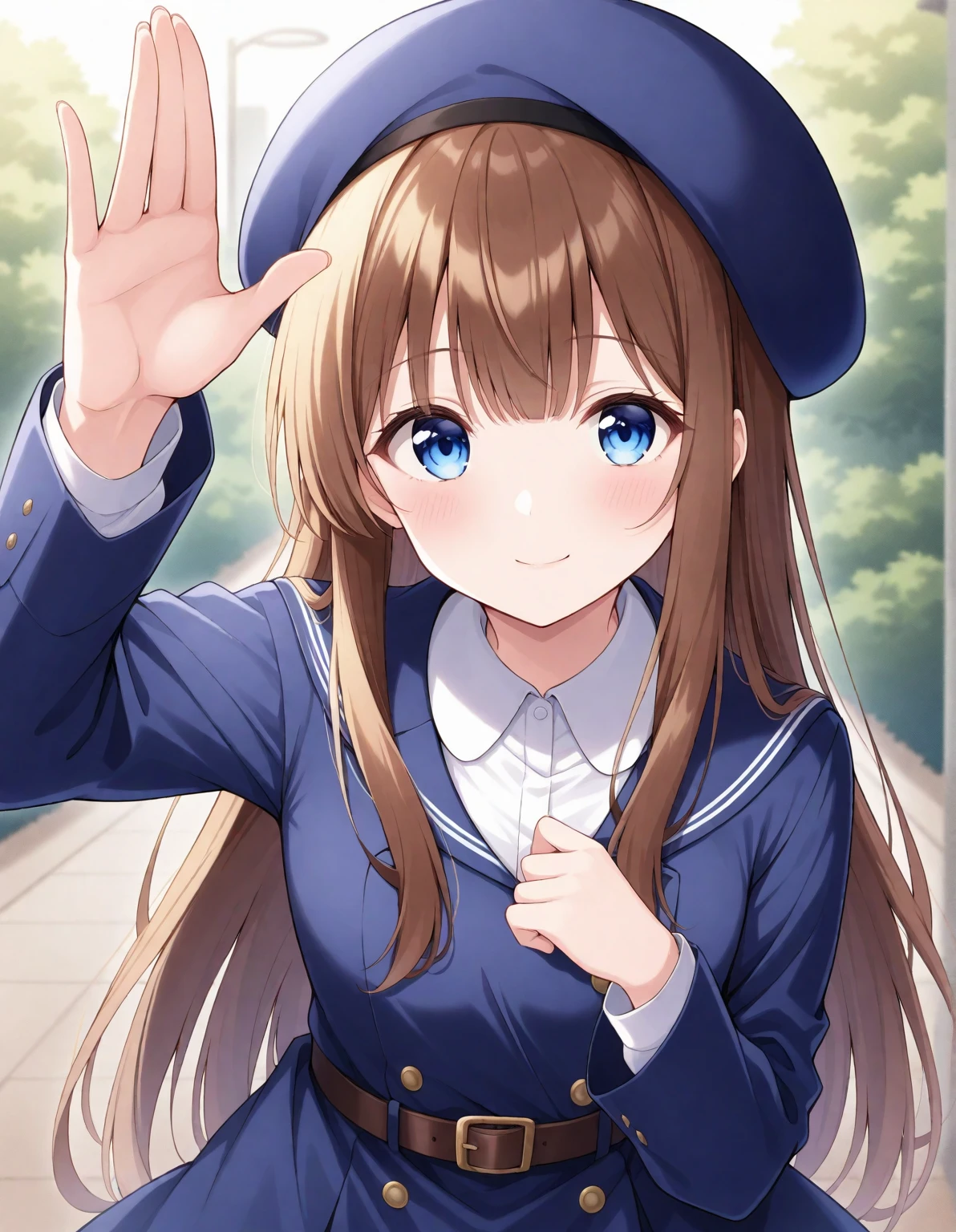  is written by, Gestures to introduce ,  1 girl,   Light Smile ,   looking at viewer,  cute round face,    long straight hair,  Detailed body, small tits, Wear a navy blue dress , Belt worn、 Long Sleeve ,  Daytime,  natural light, masterpiece,  top quality,  great quality,   very aesthetic , up to date,smile、Wear a beret 、背景は日Booksの山奥の田舎町、Brown Hair、Blue eyes、Fingers５Books