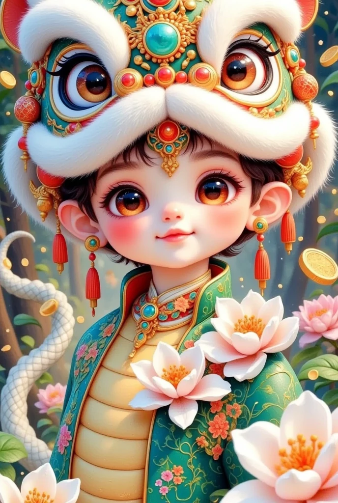 Closeup of a beautiful boy wearing a Chinese lion hat，A snake tail in the back， Rain of coins in the air。Flowers