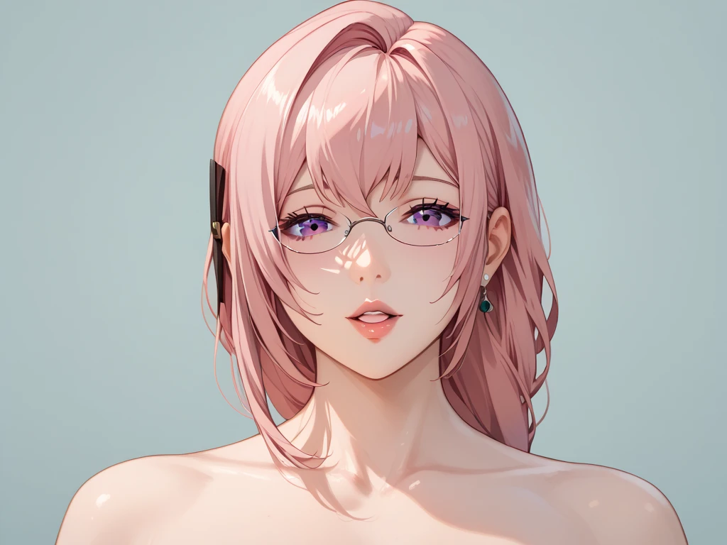  1girl, solo, Yanagi, eyewear, upper body, face focus, parted lips, looking at you,  angled shot, pink hair, long hair, purple eyes, braided ponytail, under-rim eyewear, naked, mature body, cowgirl postion, pussy fucking, oily body, wide shot,  edeoon background,