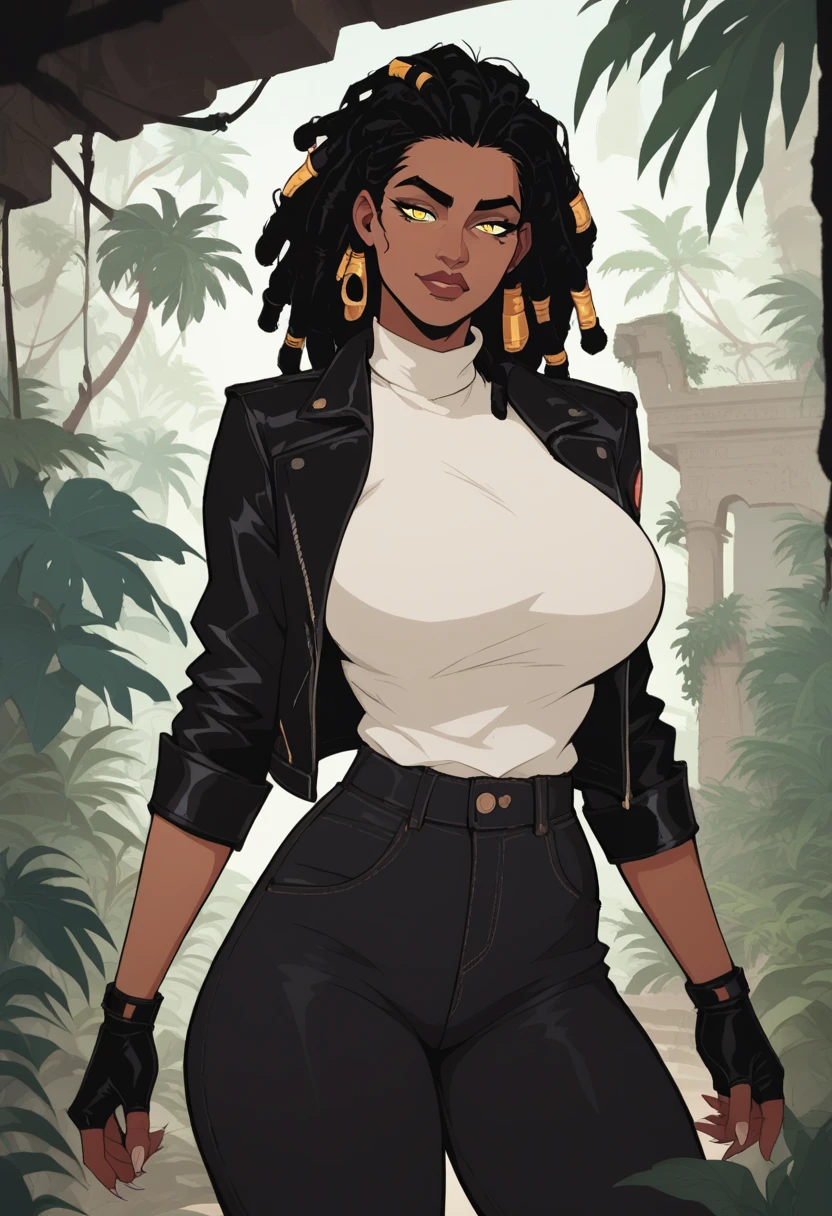 score_9, score_8_up, score_7_up, source_anime, 1woman, mature, human female, human, detailed face, jawline, collar, lustful eyes, smooth skin, dark skin, black skin, beautiful eyes, yellow eyes, black hair, huge breasts, dreads, dreadlocks hair, black jeans, white turtleneck, black leather jacket, fingerless gloves, leather gloves, jungle scene, ancient temple ruins