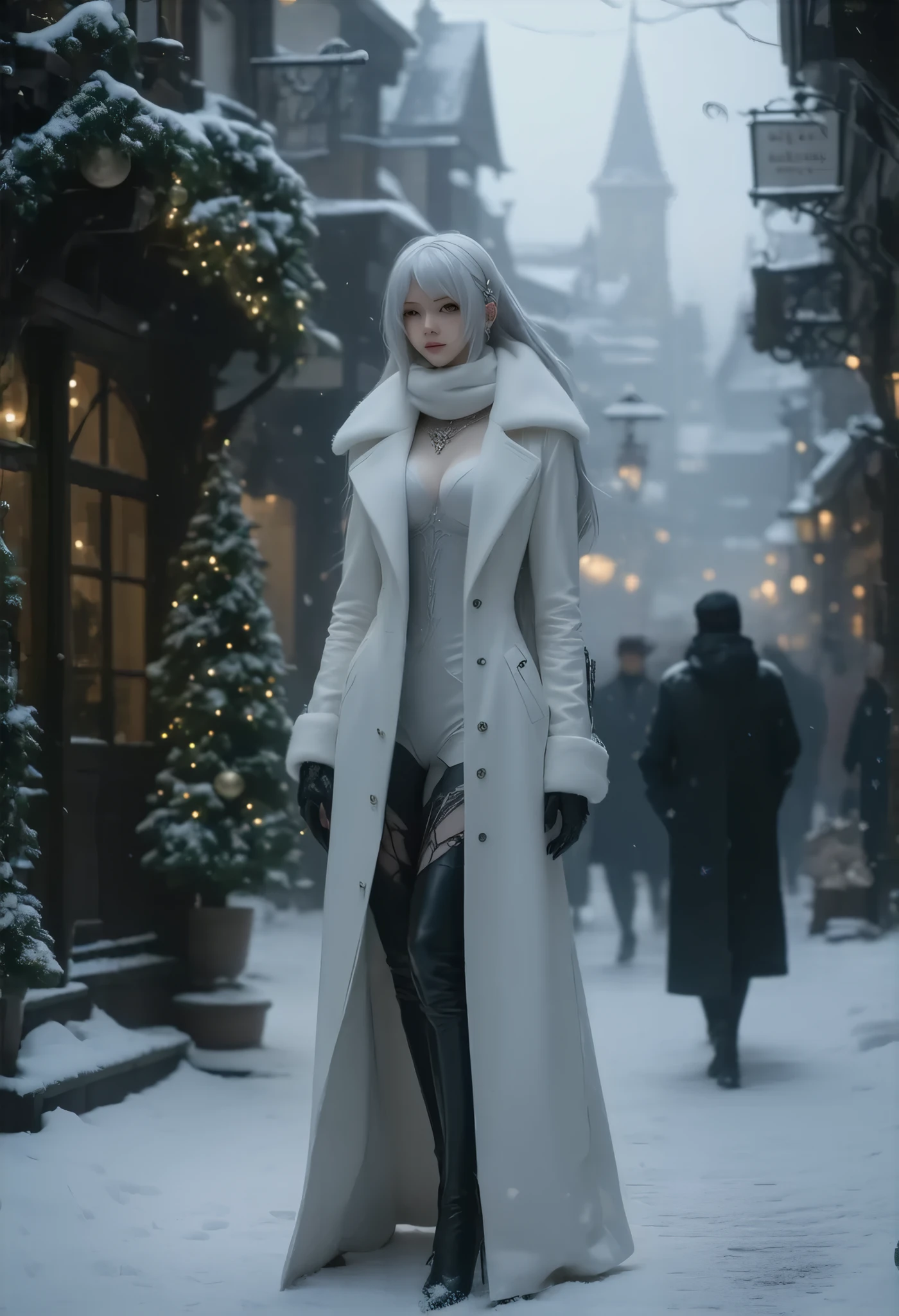 (8k, top quality, Masterpiece , Final Fantasy Style: 1.2),Atmospheric perspective, 8K, Very detailed, Accurate, Highest quality, masterpiece, Very detailed,Sharp focus, High resolution, full body shot of (YoRHa No. 2 Type B:1.5), Complex, Narrow Face, elegant, Wearing a sapphire necklace, A Christmas street corner with powder snow dancing, diamond dust, a long white coat, Crimson long dress made of velvet fabric, green long skirt made of velvet fabric, long black leather boots,white fur muffler on neck, black hair band, ((large breasts:1.2), (huge breasts:1.2), (Uplifted and well-defined bust:1.2), (lifted chest:1.2), (perky breasts :1.2),(deep cleavage:1.4)) and a huge waist, (sexy long legs, whole body picture:1.5), (side view:1.4), Very detailed, Digital Painting, Art Station, Concept Art, Smooth, Sharp focus, figure, ArtJam, Greg Rutkowski, Art by Alphonse Mucha, 8K, Volumetric Fog, bloom, light, lumen, Crank blur