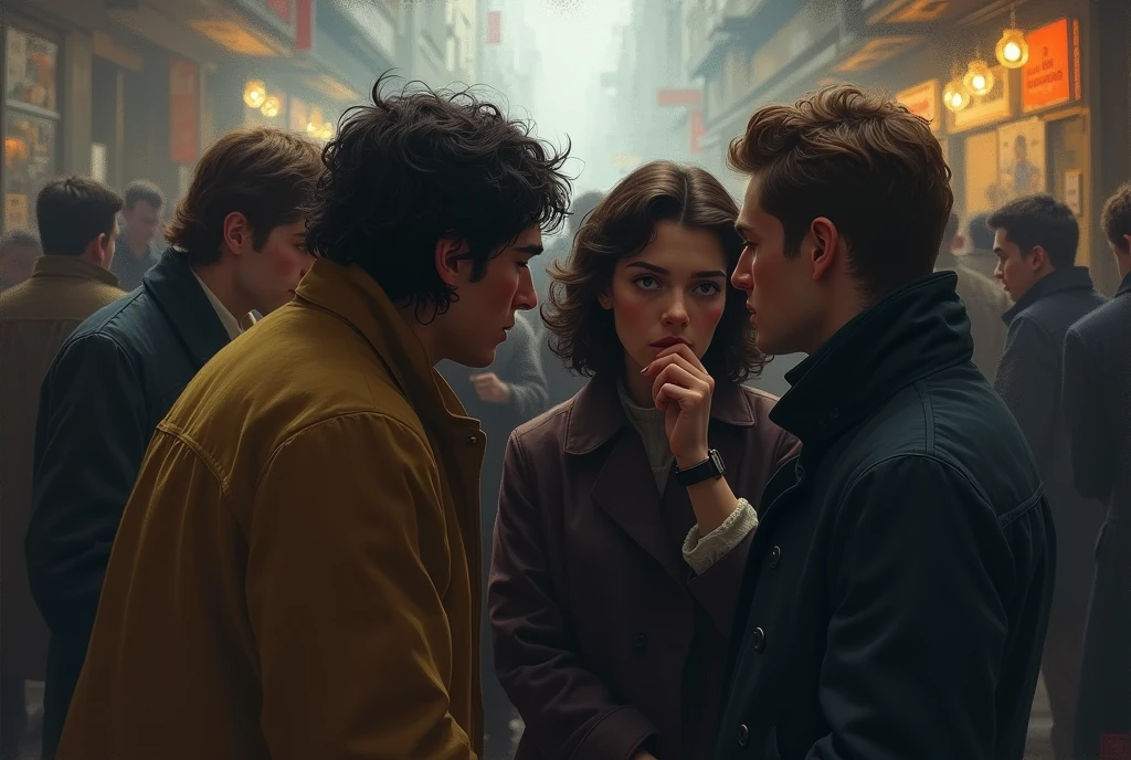painting of two people standing next to each other in front of a crowd, fan art, inspired by Raymond Leech, inspired by Jean Tabaud, a painting of two people, official fanart, inspired by Jean Béraud, detailed fanart, monet and da vinchi art style, concept art of single boy, official fan art, animated film still, movie illustration