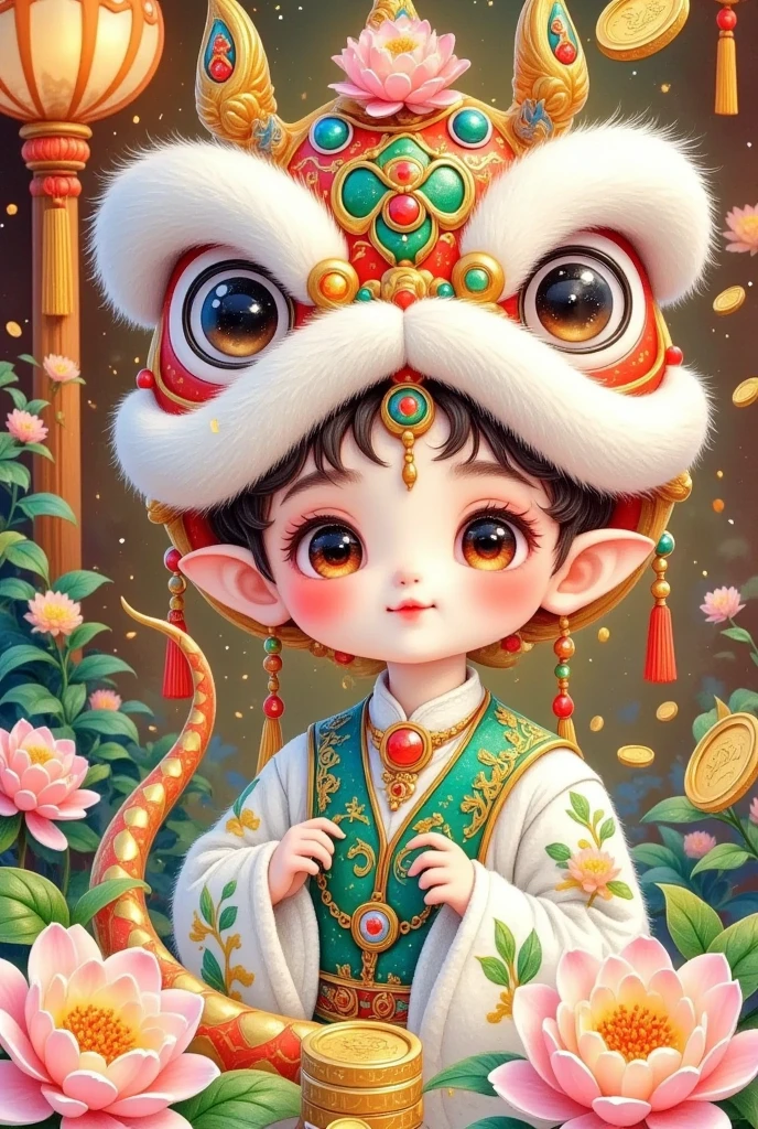 Closeup of a beautiful boy wearing a Chinese lion hat，A snake tail in the back， Rain of coins in the air。Flowers，Cute and lovely