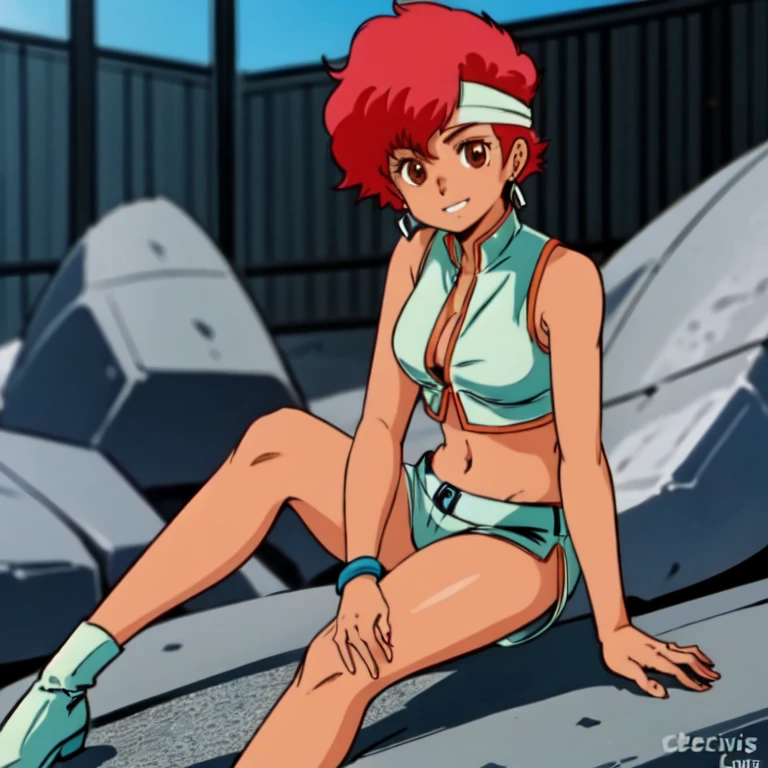 masterpiece, High Quality ,Ultra-high definition,Alone, outdoor,
looking at viewer,smile,
Kay, 1 girl,
 headband, short hair,Red Hair, earrings, brown eyes,Dark Skin,
aqua crop top, Sleeveless, clevis on a stone,midriff,