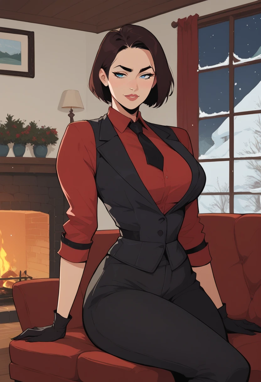 score_9, score_8_up, score_7_up, source_anime, 1woman, mature, human female, human, detailed face, jawline, smooth skin, beige skin, beautiful eyes, blue eyes, brunette, big breasts, bob cut hair, indoors, couch, fireplace, night, window, snow, red shirt, black necktie, long sleeves, arm garter, black gloves, black vest, waistcoat, black pants,