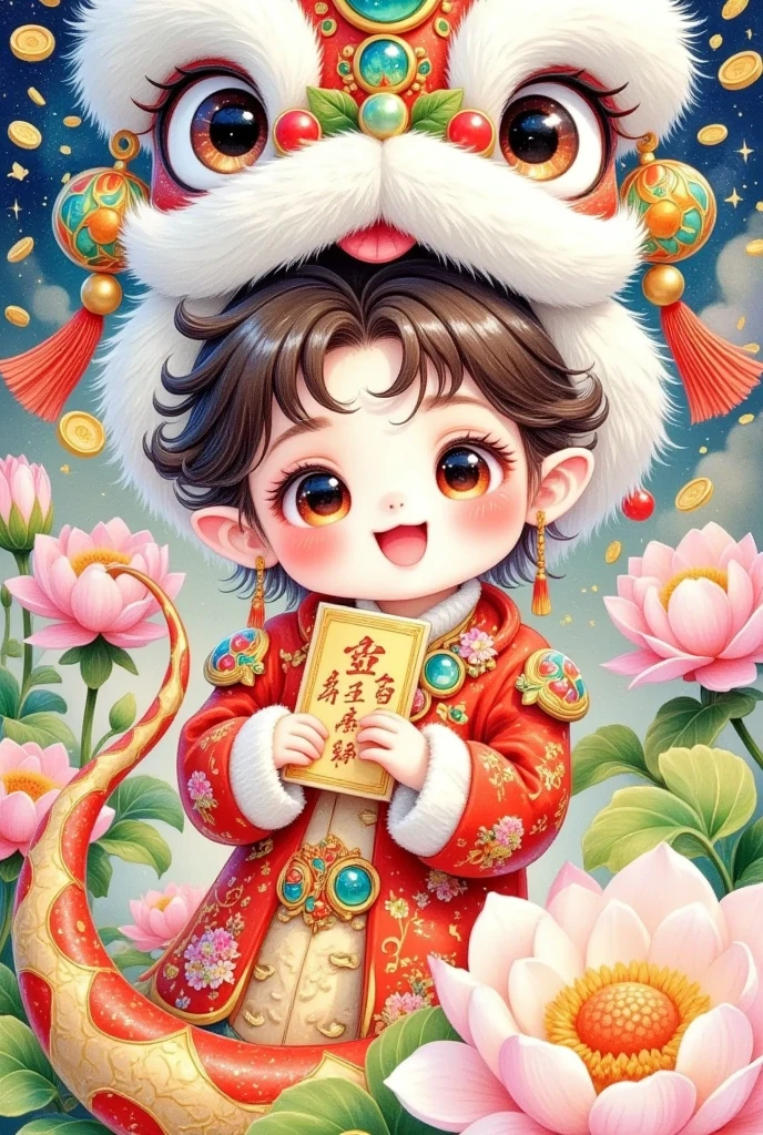 Closeup of a beautiful boy wearing a Chinese lion hat，Holding a greeting card in hand，A snake tail in the back， Rain of coins in the air。Flowers，Cute and lovely