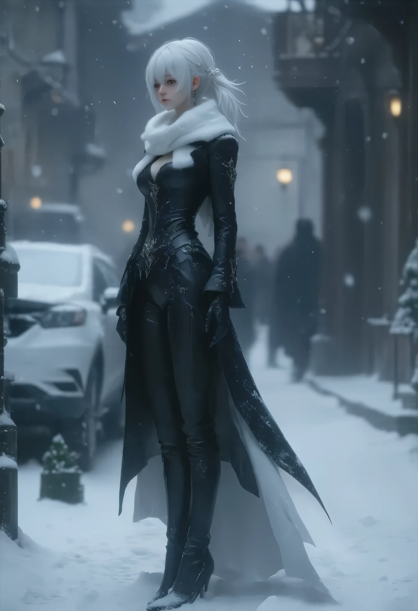 (8k, top quality, Masterpiece , Final Fantasy Style: 1.2),Atmospheric perspective, 8K, Very detailed, Accurate, Highest quality, masterpiece, Very detailed,Sharp focus, High resolution, full body shot of (YoRHa No. 2 Type B:1.5), Complex, Narrow Face, elegant, Wearing a sapphire necklace, A Christmas street corner with powder snow dancing, diamond dust, a long white coat, Crimson long dress made of velvet fabric, green long skirt made of velvet fabric, long black leather boots,white fur muffler on neck, black hair band, ((large breasts:1.2), (huge breasts:1.2), (Uplifted and well-defined bust:1.2), (lifted chest:1.2), (perky breasts :1.2),(deep cleavage:1.4)) and a huge waist, (sexy long legs, whole body picture:1.5), (side view:1.4), Very detailed, Digital Painting, Art Station, Concept Art, Smooth, Sharp focus, figure, ArtJam, Greg Rutkowski, Art by Alphonse Mucha, 8K, Volumetric Fog, bloom, light, lumen, Crank blur