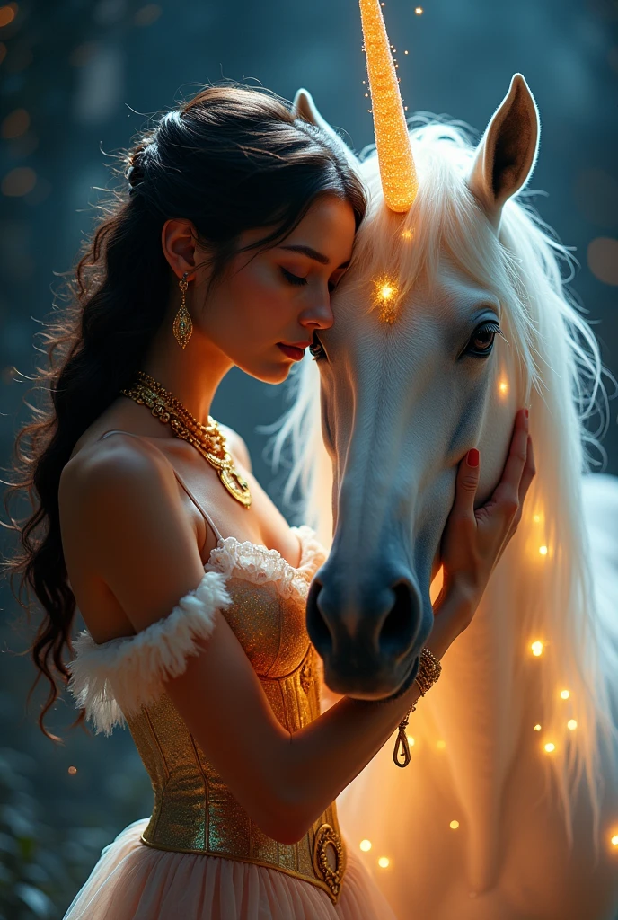 cinematic still, masterpiece ,realistic, (dramatic scene:1.1), (photorealistic:1.2),looking at the viewer, fantasy style, dynamic angle famous artwork, 1 french Girl,embracing posing with a unicorn , The ends of the hair gradually become crumbs, highly detailed , Magical, fantastical, enchanting, harmonious, highly detailed, high budget, bokeh, CinemaScope, moody, epic, gorgeous, film grain, grainy, surrealist art dreamlike, mysterious, provocative, symbolic, intricate, detailed, breathtaking award-winning, professional, volumetric lighting, light depth, dramatic atmospheric volumetric lighting, full extremely intricate core symmetrical artwork, 4k, trending on ArtStation, beautifully lit, defined facial features, features bioluminescent, glowing , subsurface scattering, ultra hd, 4k, high def, Photorealistic, Hyperrealistic, Hyper detailed, analog style, realistic, film photography, soft lighting, heavy shadow