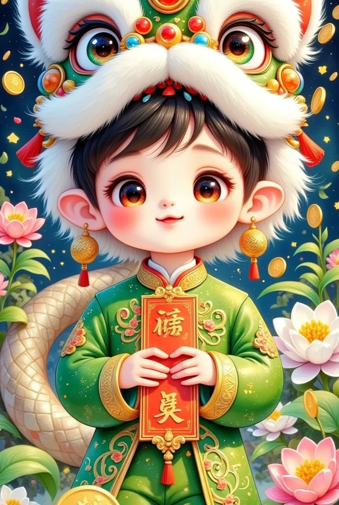 Closeup of a beautiful boy wearing a Chinese lion hat， green clothes，Holding a greeting card in hand，A snake tail in the back， Rain of coins in the air。Flowers，Cute and lovely