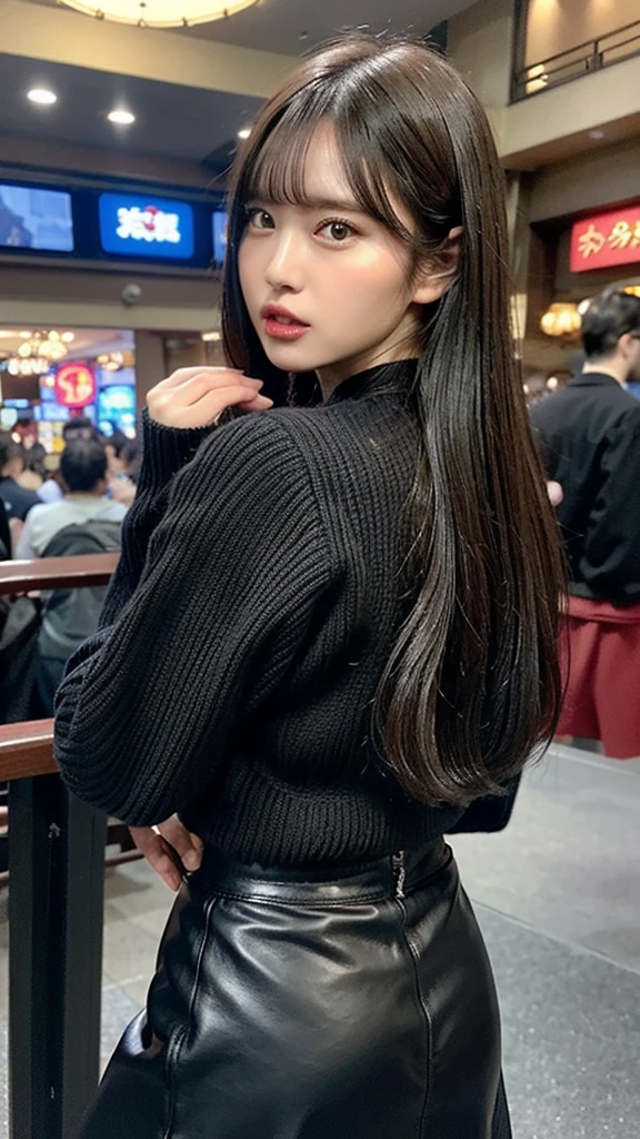 (((look back, standing))),(((black long sleeve knit, black leather skirt))), (((open mouth, angry face:1.2)))、((((black long hair, bangs)))), ((chubby)), Japanese、((((Round face))))、(big cheeks)、((Cute Face))、(((Japanese idol)))、(((background: dark shopping mall))),  Ultra High Definition,  high image quality model,  retina,  top quality, High resolution、high resolution、in 8K,Highly detailed eyes and face、超High resolution, High resolution、high resolution、in 8K