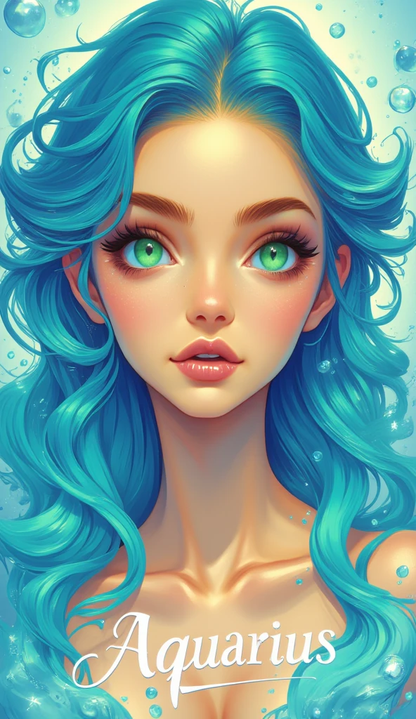 (Masterpiece, Ultra-detailed, Stylized Portrait, Vibrant Colors, Cinematic Quality, 8k resolution), (Portrait of a woman representing the Aquarius zodiac sign:2.0), (Aqua-colored hair styled in natural waves, resembling flowing water:2.0), (Droplets of water visibly falling from her hair, adding a dynamic and ethereal water element:1.8), (Skin tone is a warm, golden-brown with a subtle reddish undertone, radiant and luminous:2.0), (Heterochromatic eyes, one green and one blue, sharp and intense, adding a captivating allure:2.0), (Minimal makeup emphasizing a natural yet bold aesthetic:1.5), (Eyeshadow in a light blue tone, matching the vibrant aqua-blue lipstick:2.0), (Seductive and slightly playful or teasing expression, exuding confidence and charm:1.8), (Background featuring a soft water-themed design with subtle bubbles and droplets, creating an aquatic ambiance:1.6), (The word "Aquarius" written in elegant calligraphy below the portrait, subtly tying the artwork to its astrological theme:1.4)