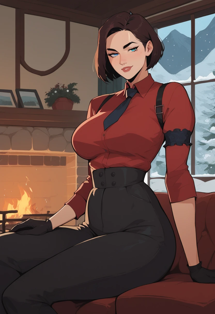 score_9, score_8_up, score_7_up, source_anime, 1woman, mature, human female, human, detailed face, jawline, smooth skin, beige skin, beautiful eyes, blue eyes, brunette, big breasts, bob cut hair, indoors, couch, fireplace, night, window, snow, red shirt, black necktie, long sleeves, arm garter, black gloves, black vest, waistcoat, black pants,