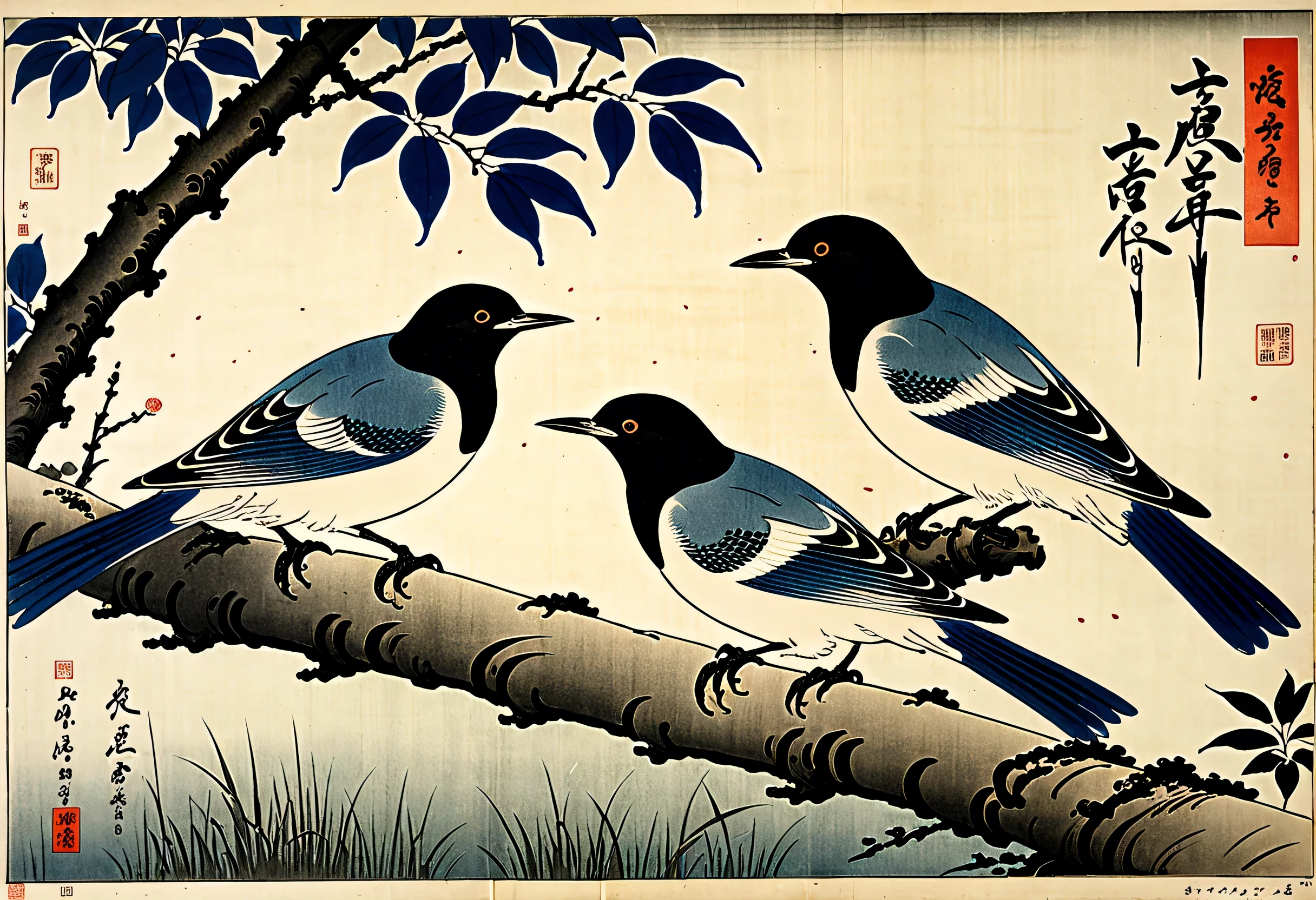  There are 2 birds perched on the ground, Ohara Koson , ,  Yasui Sotaro ,  by Kono Byrei , Juichi Sakai,  by Kanō Sansetsu , by Katsushika Ōi,   Ito Shinsui  , Maruyama Okyo