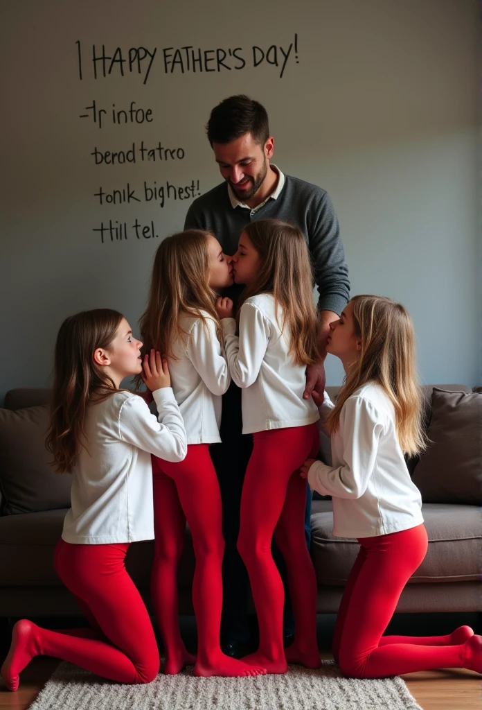 Heic portrait family photo dad in lounge room standing with group of clothed ********************* daughters. Daughters. Writing on wall saying “HAPPY FATHERS DAY!”. Daughters kneeling down sucking dad’s dick Girls *******. Daughters wearing red extremely skin tight red tights