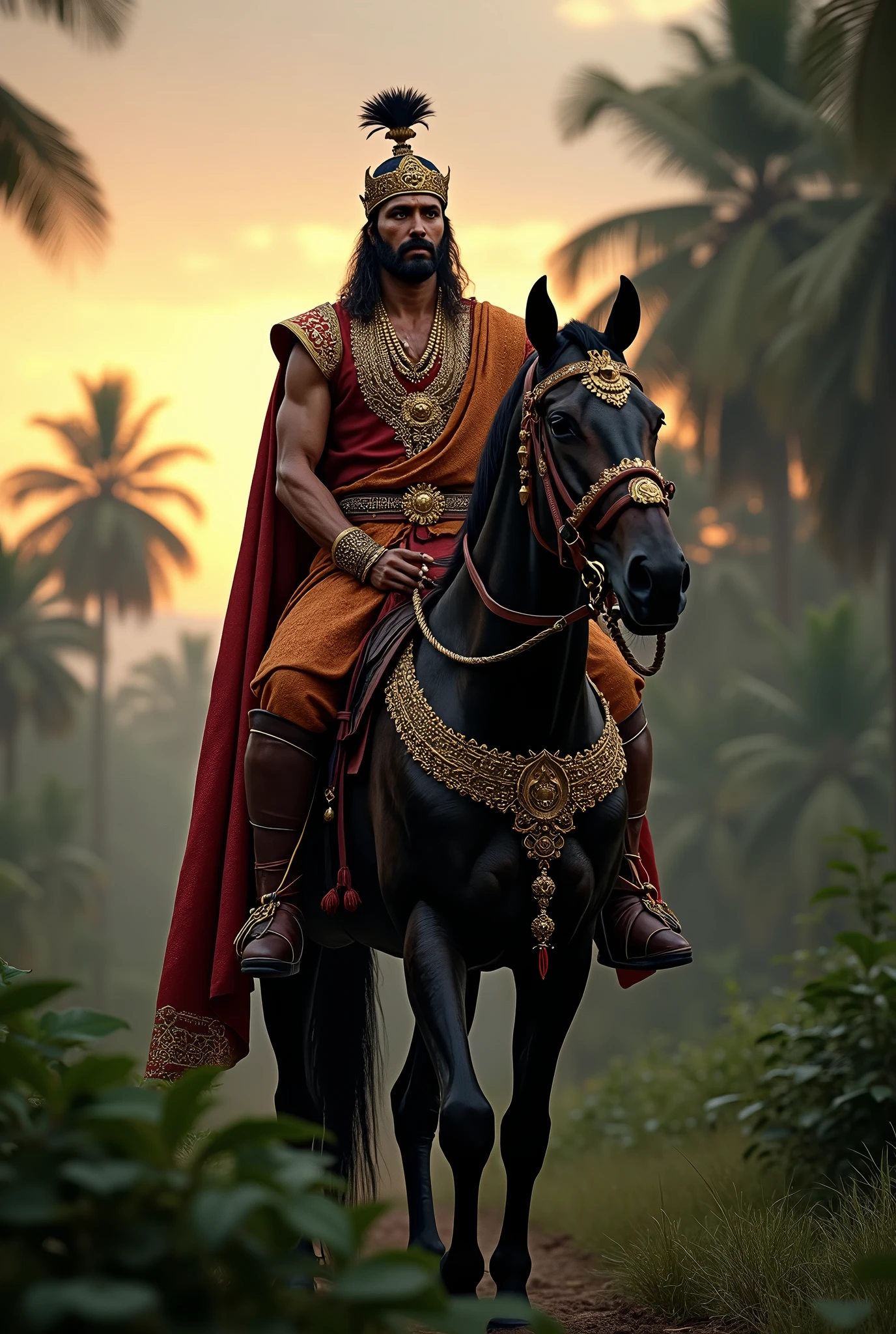 Muscular African man with golden crown and red king cape with double axe in hand riding a white horse
