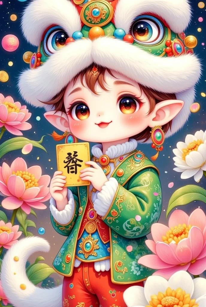 Close up of a beautiful boy with a long tail wearing a Chinese lion hat on his head，Holding a greeting card in hand，Rain of coins in the air。Flowers，Cute and lovely