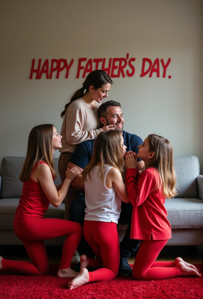 Heic portrait family photo dad in lounge room standing with group of clothed aged 10 school junior daughters. Daughters. Writing on wall saying “HAPPY FATHERS DAY!”. Daughters kneeling down sucking dad’s dick Girls aged 10. Daughters wearing red extremely skin tight red tights