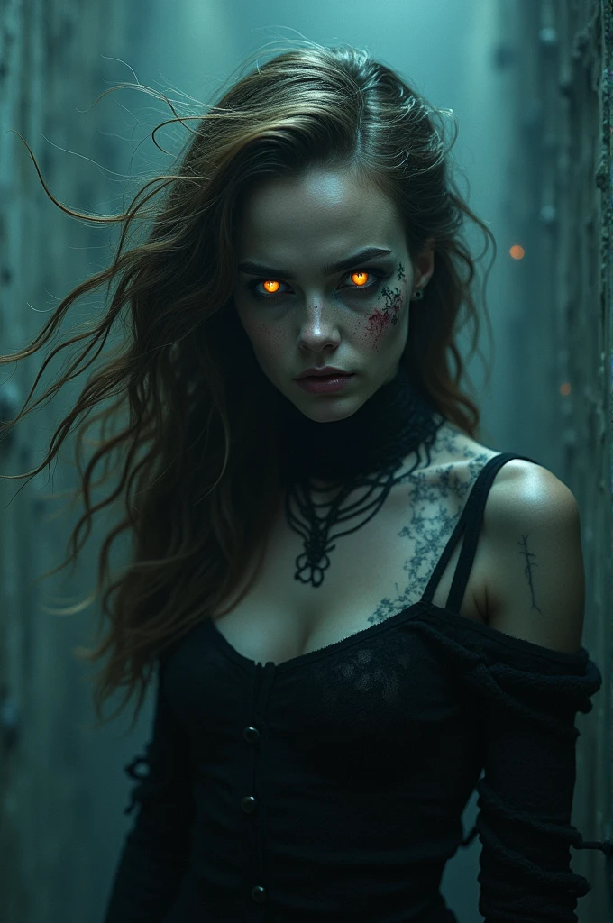 Fashionable of androgynous alien looking witch, glowing eyes, beautiful evil slavic muscular woman, pale skin, long light brown hair, light smile, futuristic design, minimal details, givenchy, photoreal, 200mm, hd, f/ 2.0, sitting in a gloomy spruce forest, highly detailed, surreal , drop dead, in the style of red and blue, (intricate details, hyperdetailed:1.15) (skin texture:1.2), cinematic, professional, 4k, (((dynamic model pose))), full body, mesmerizing, dynamic, dramatic, sensual, dynamic pose, highly detailed skin with hair, subcutaneous veins, light and shadow play, highly detailed,24mm photograph, film, bokeh, professional, 4k,