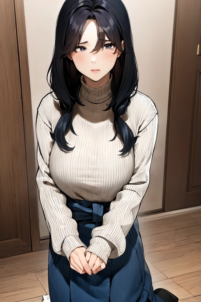  tired look　 with a bleak expression　Sadness　 long straight black hair up to the waist　 fluffy hair 　 voluminous hair　Adult-like hairstyle　Late 30s　 knitted sweater