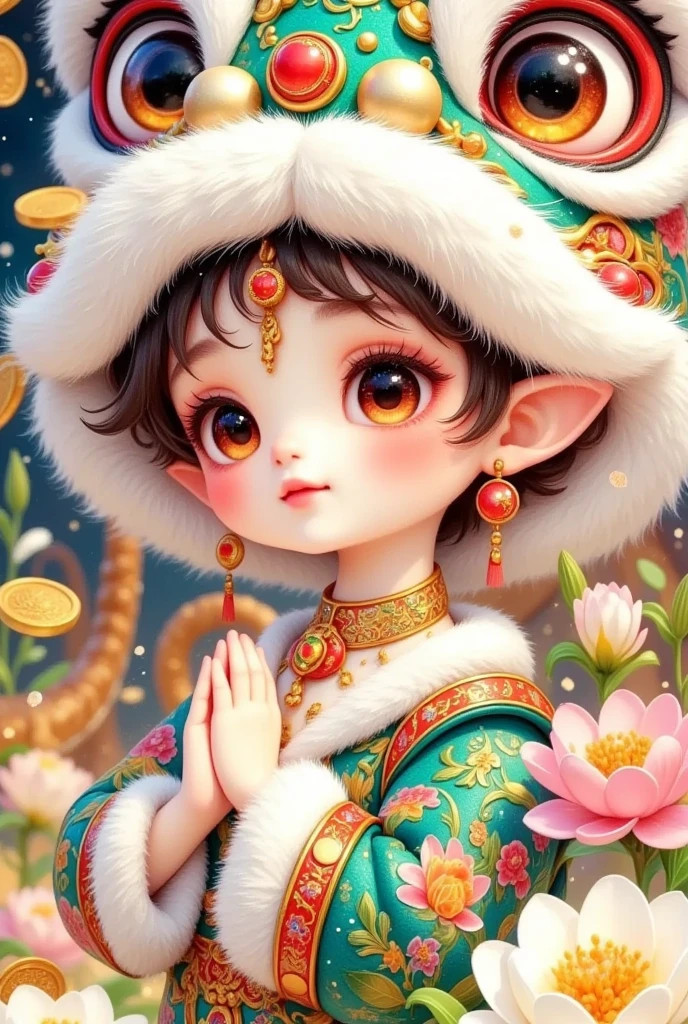 Closeup of a beautiful boy wearing a Chinese lion hat，A snake tail in the back， Rain of coins in the air。Flowers，Cute and lovely