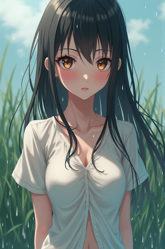 nsfw,suzune horikita, (Red eyes:1.3),Grassland,cowboy shot,(lying),Medium chest,Arms above head,Hair Ribbon,Upper body naked,White panties,((sweaty,Pussy line,wet))