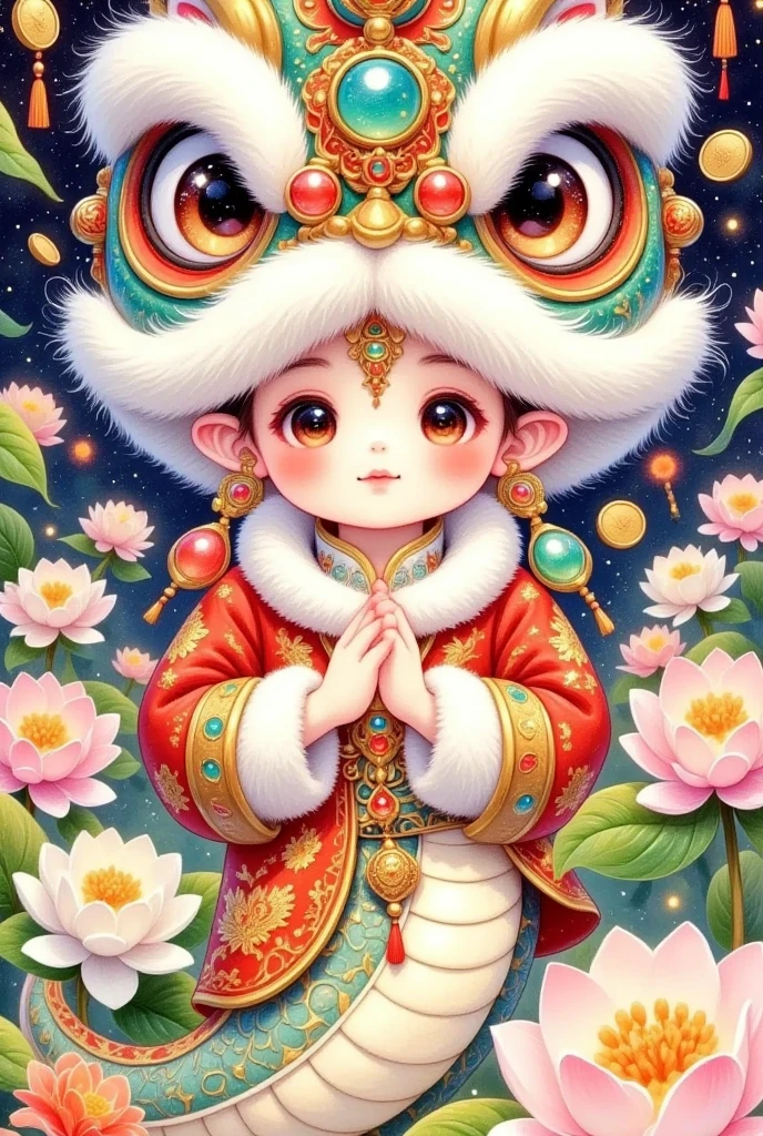 Boy combined with snake，Closeup of a beautiful boy wearing a Chinese lion hat，A snake tail in the back， Rain of coins in the air。Flowers