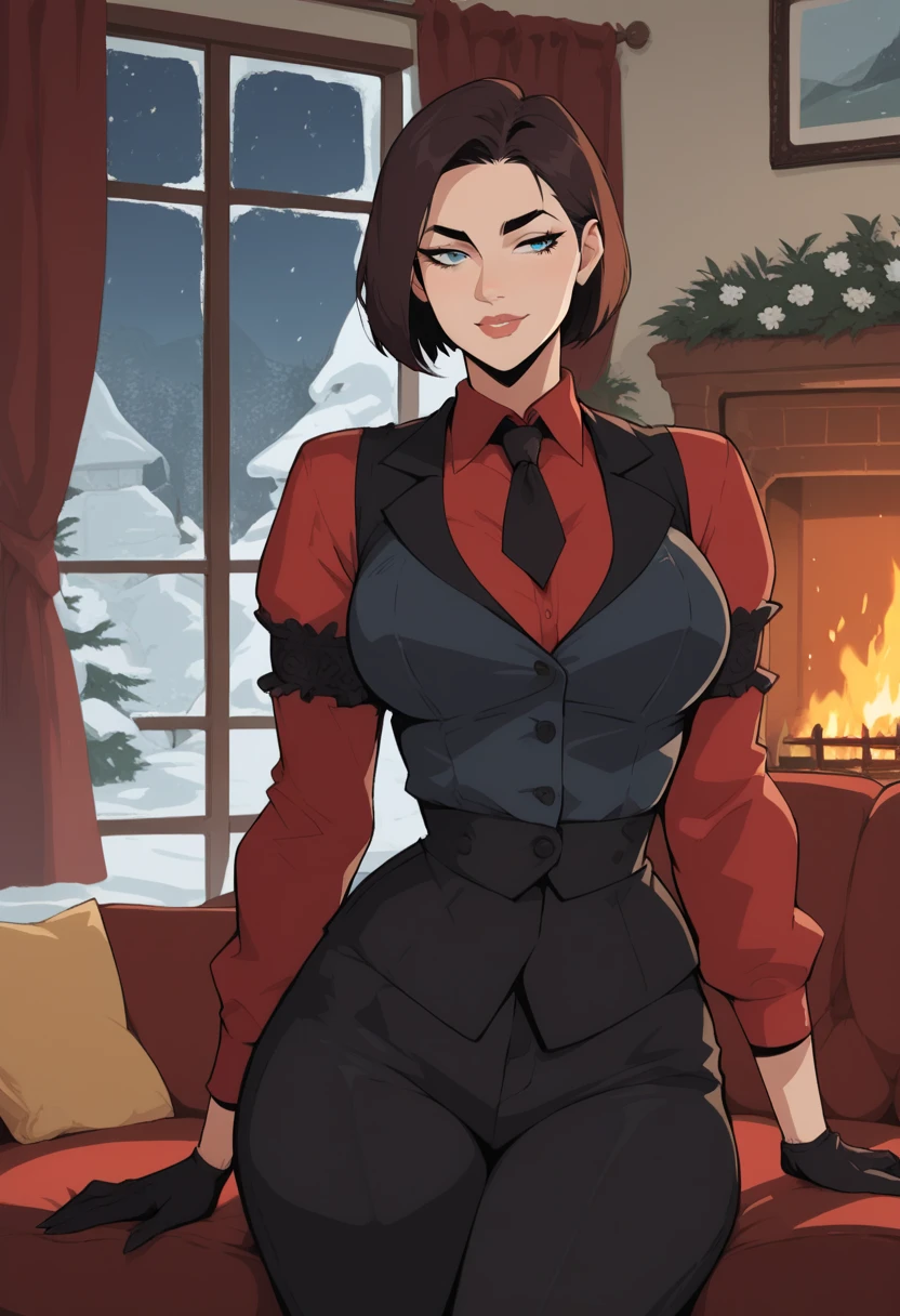 score_9, score_8_up, score_7_up, source_anime, 1woman, mature, human female, human, detailed face, jawline, smooth skin, beige skin, beautiful eyes, blue eyes, brunette, big breasts, bob cut hair, indoors, couch, fireplace, night, window, snow, red shirt, black necktie, long sleeves, arm garter, black gloves, black vest, waistcoat, black pants,