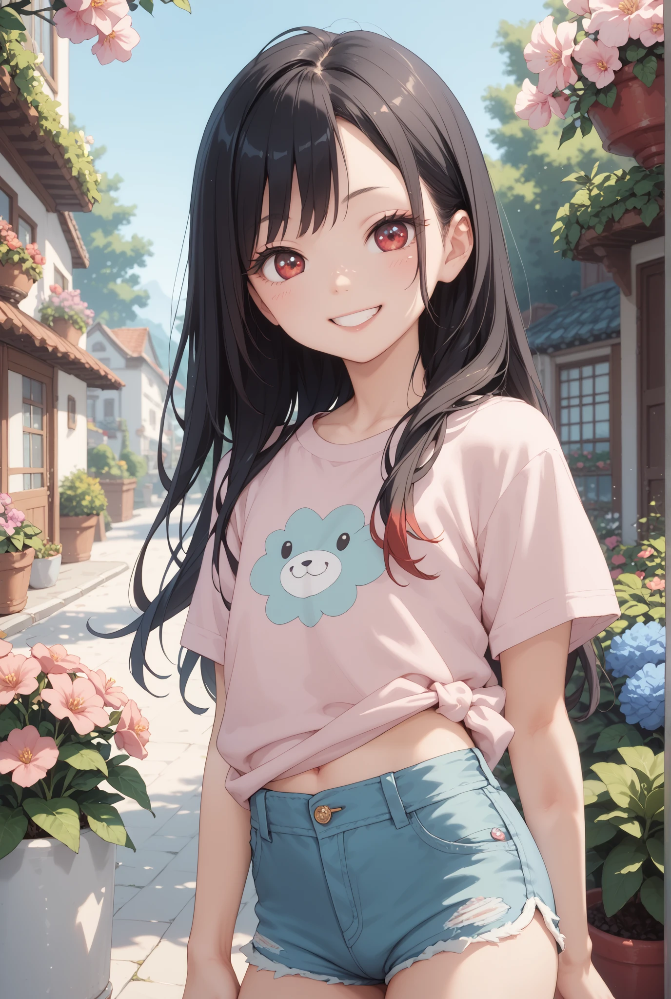  1 girl,  flat chested　Petite　 girl　 shorts　　 pink t-shirt 　 long hair　 black hair　garden　 jump　smile　 red face