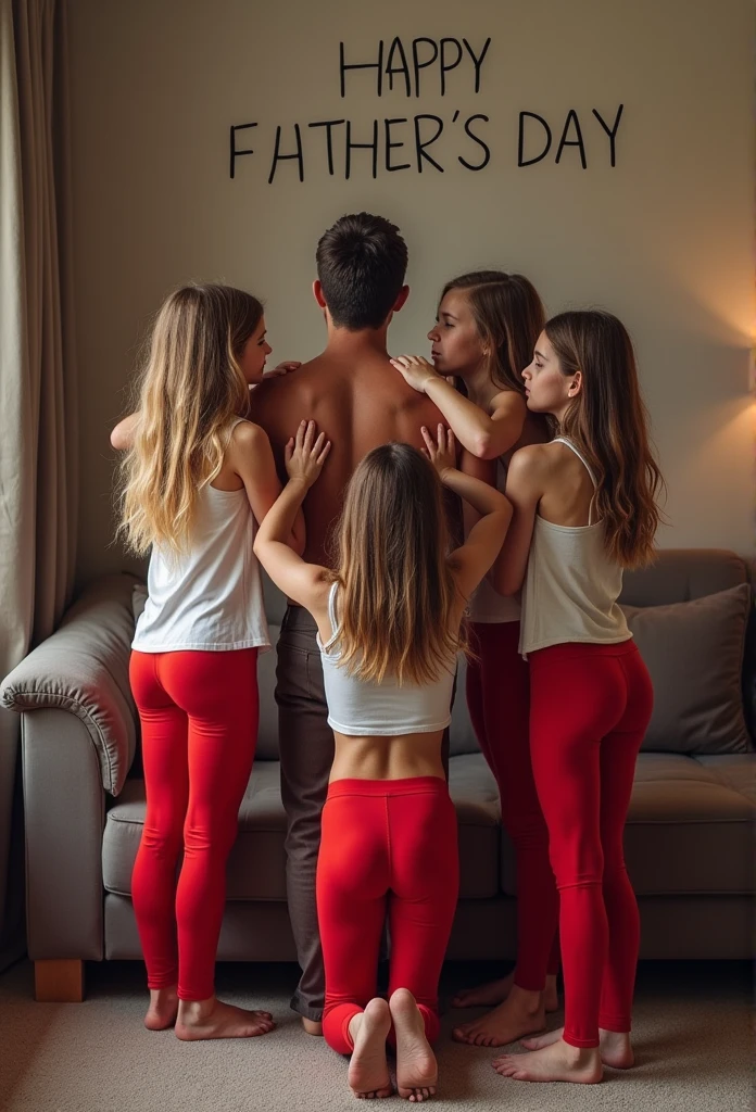 Heic portrait family photo dad in lounge room standing with group of clothed ********************* daughters. Daughters. Writing on wall saying “HAPPY FATHERS DAY!”. Daughters kneeling down sucking dad’s dick Girls *******. Daughters wearing red extremely skin tight red thong tights