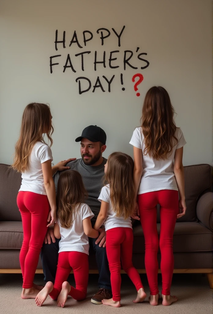 Heic portrait family photo dad in lounge room standing with group of clothed ********************* daughters. Daughters. Writing on wall saying “HAPPY FATHERS DAY!”. Daughters kneeling down sucking dad’s dick Girls *******. Daughters wearing red extremely skin tight red thong tights