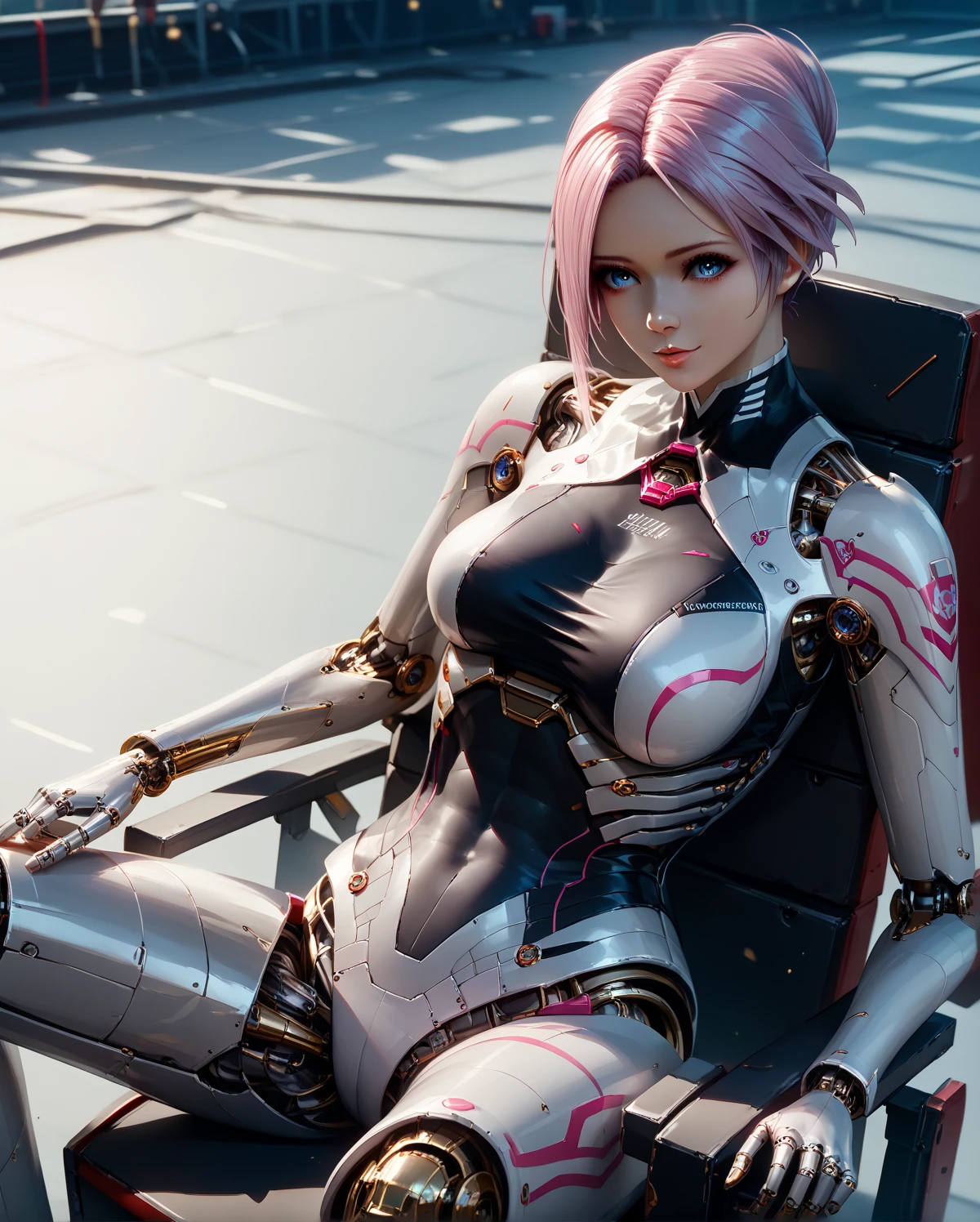 ((Elise)), (masterpiece:1.2), (最 High Quality :1.2),  perfect eyes,  perfect face, perfect lighting, 1 woman ，know, (Female race queen robot, (mechanicalのヘッドギア, mechanicalのサークレット, metallic bob hair, mechanicalの光る目)), mechanical, ( cyborg, Exoskeleton), Viewpoint Beautiful, Midea,  Details,  Beautiful Colors Great Quality from Above  , 最 High Quality ,  High Quality , Arena, ( sit on a maintenance chair and spread your legs, Under maintenance),  cowboy shot , 