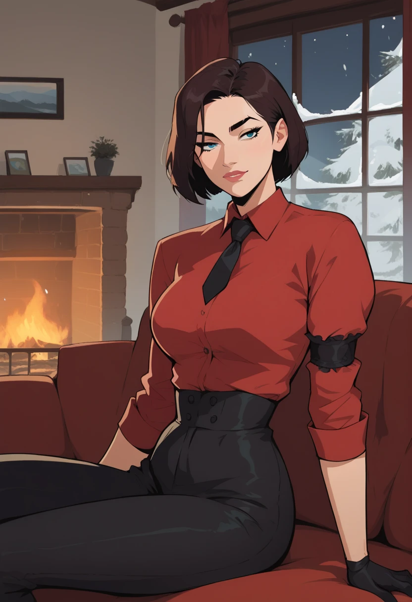 score_9, score_8_up, score_7_up, source_anime, 1woman, mature, human female, human, detailed face, jawline, smooth skin, beige skin, beautiful eyes, blue eyes, brunette, big breasts, bob cut hair, indoors, couch, fireplace, night, window, snow, red shirt, black necktie, long sleeves, arm garter, black gloves, black vest, waistcoat, black pants,