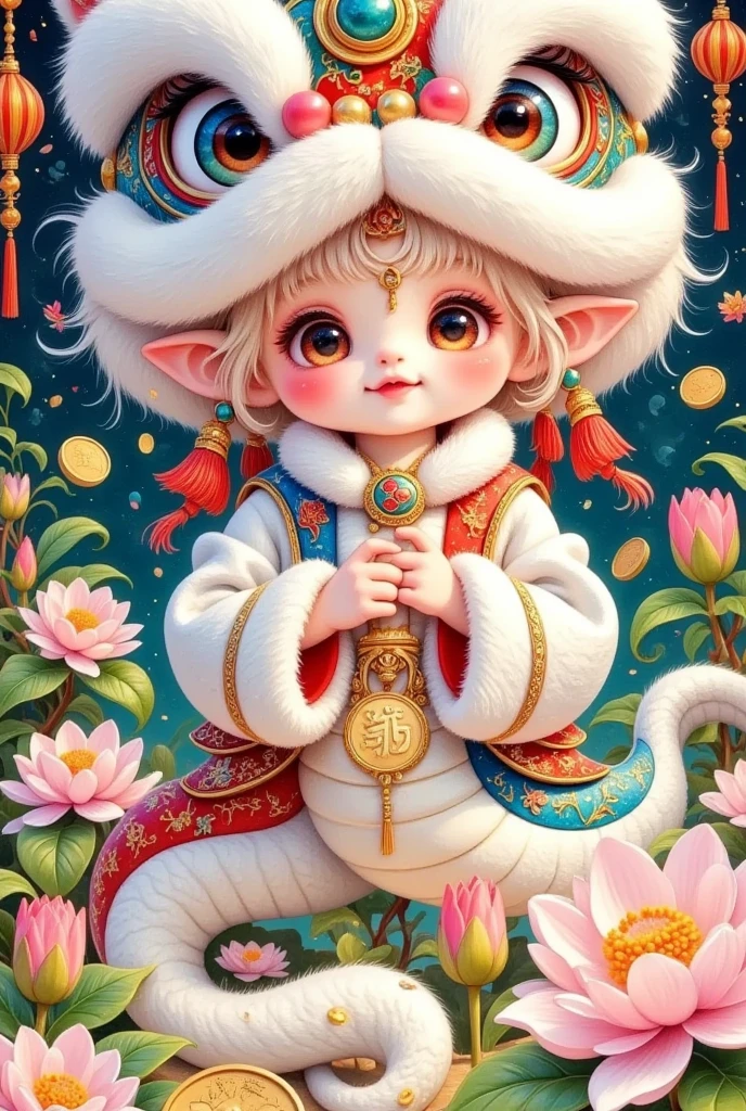 Boy combined with snake，Closeup of a beautiful boy wearing a Chinese lion hat，A snake tail in the back， Rain of coins in the air。Flowers