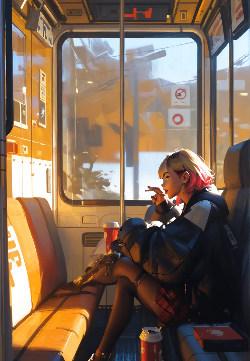  ,Fit to resolution,sce to size,full image,GUWEIZ ARTWORK ,
1. Cinematic Atmosphere:  , gwen 10, 000 , fun,,coolest pose ,, sitting in a bus , looking away ,best color