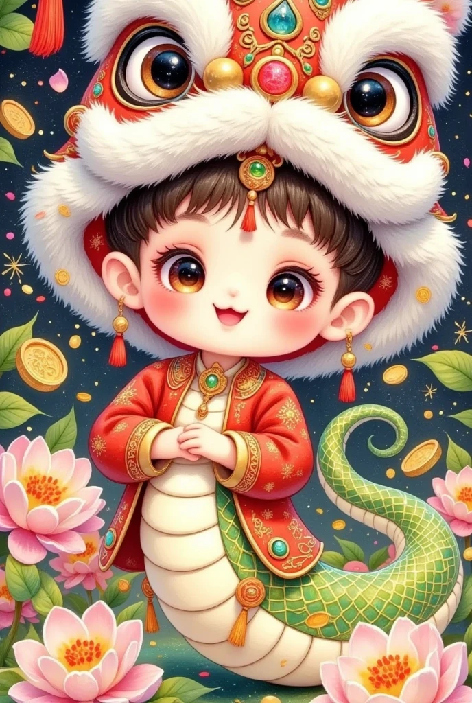 Closeup of a beautiful boy wearing a Chinese lion hat，Snake Body，A snake tail in the back， Rain of coins in the air。Flowers，Cute and lovely