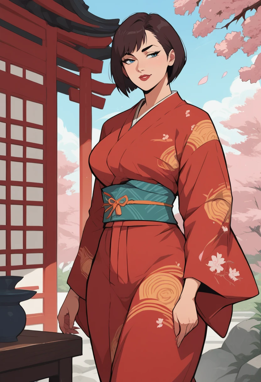 score_9, score_8_up, score_7_up, source_anime, 1woman, mature, human female, human, detailed face, jawline, smooth skin, beige skin, beautiful eyes, blue eyes, brunette, big breasts, bob cut hair, long sleeves, orange obi, orange trim, print kimono, red yukata, white trim, wide sleeves, yukata, japanese architecture, cherry blossoms,