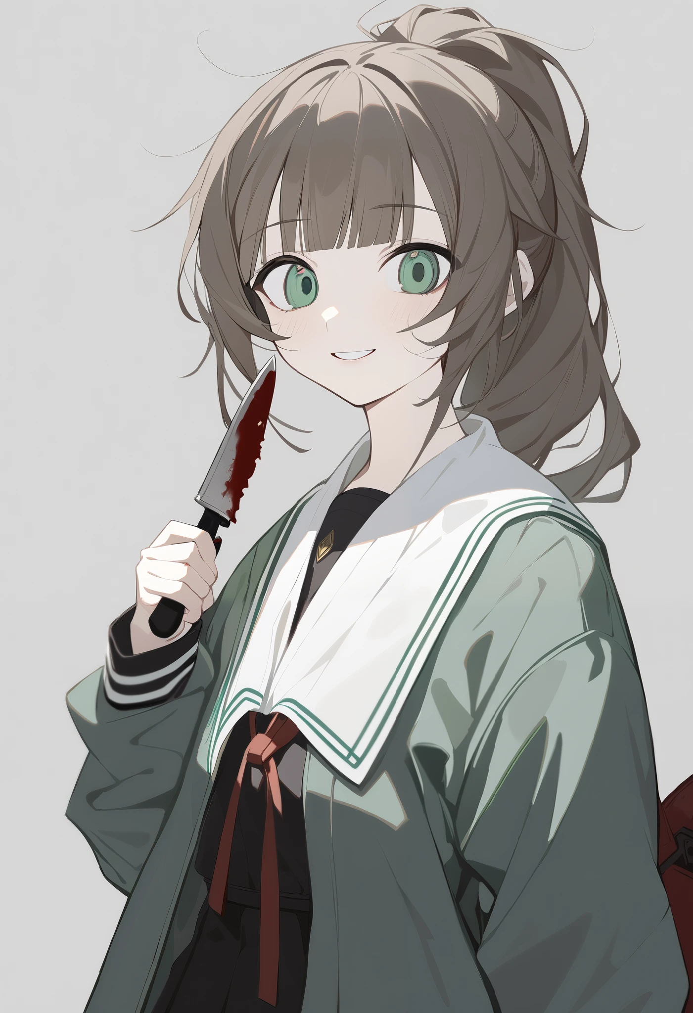 1 girl, unique , age girl, brown angled ponytail, Green Eyes ,Blood,Fruit knife in hand , messy hair , Long bangs, pale, Green Eyes , big eyes, Smile, Perseverance, permanent, (School Uniform), ( grey background, Simple background ), Upper body, masterpiece, best quality
